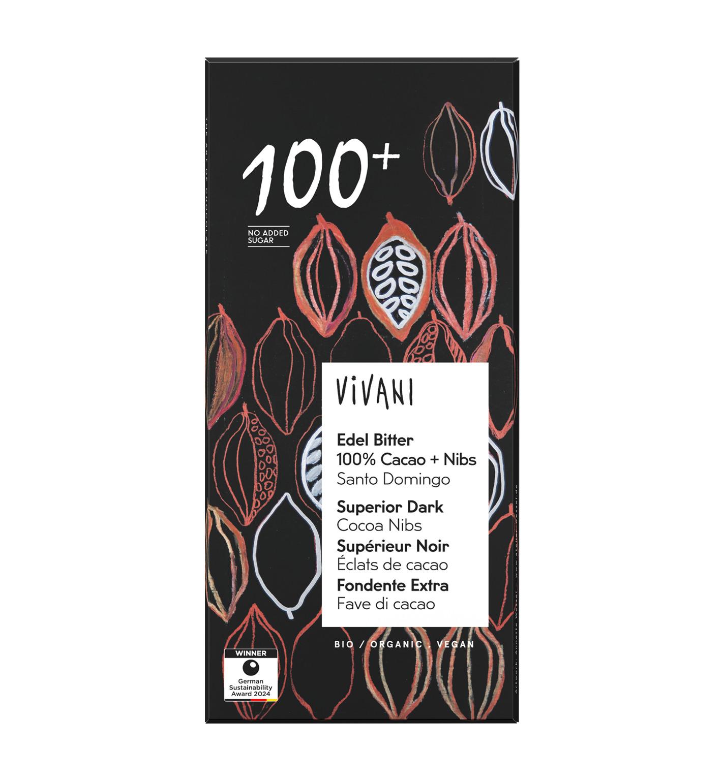 Vivani Βιολογική Μαύρη Σοκολάτα 100% Κακάο & Nibs 80gr
